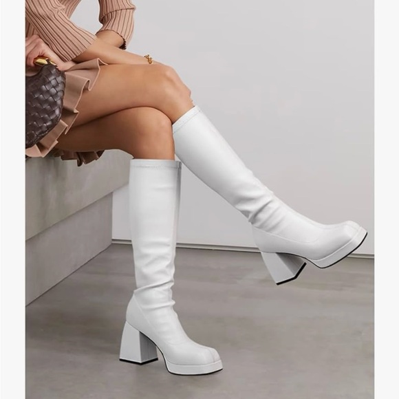 White GOGO Boots - Leather Platform Boots - Square Toe Chunky Block Heeled Boots - Picture 3 of 3